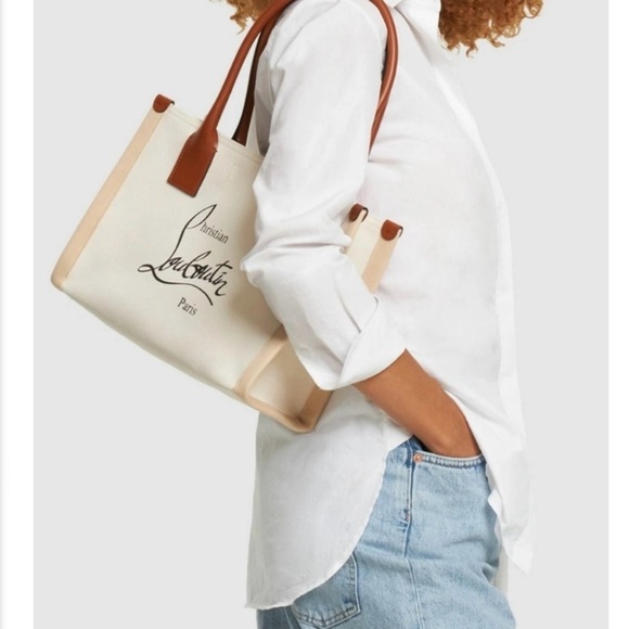 AUTHENTIC Christian Louboutin Small Nastroloubi Canvas Cream and Brown Tote Bag - Picture 4 of 13